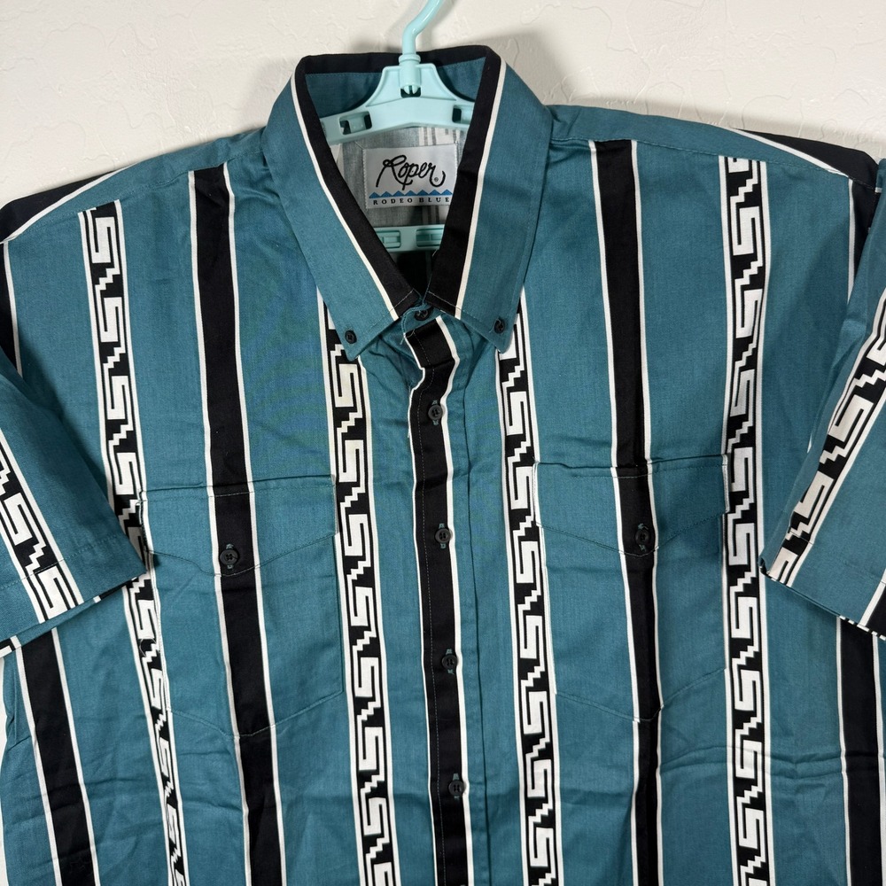 Vintage Roper Shirt Mens 2XL Blue Aztec Tribal Stripe Rodeo Blue Button Western
